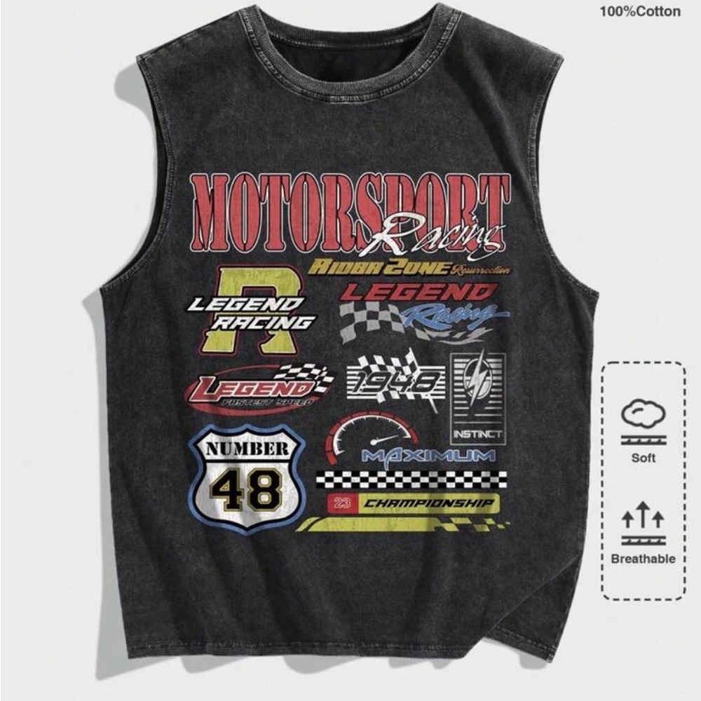 “Motorsport” Graphic Tank Top - Black & racer back sports bra - size M